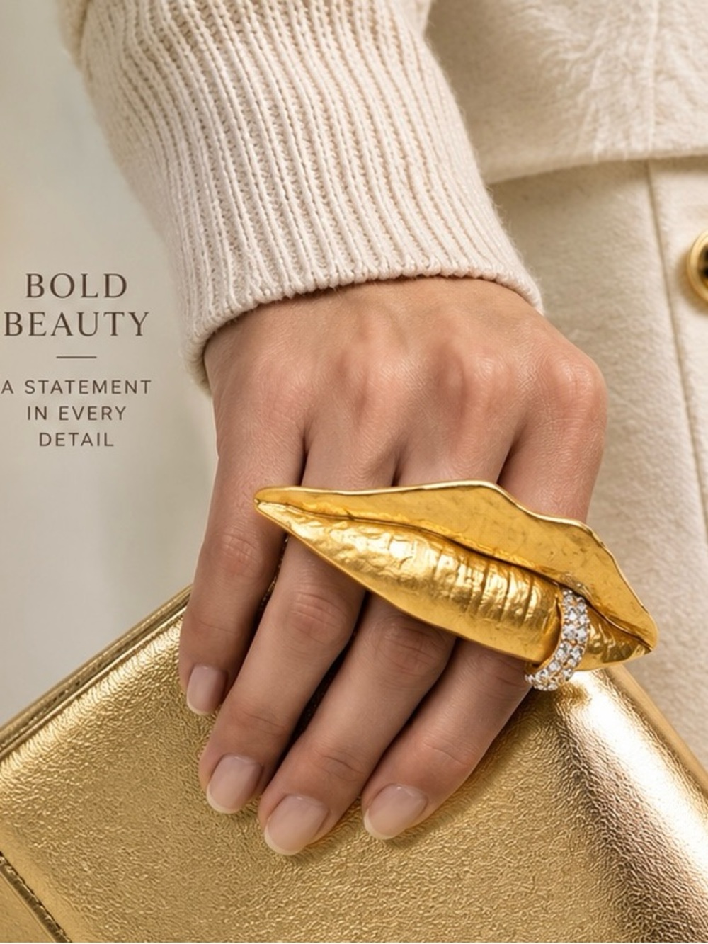 Gold Tone Sculptural Leaf Statement Ring with Crystal Accent